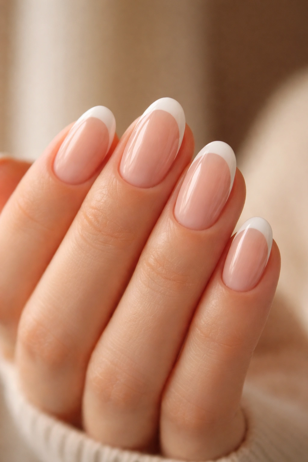 Close-up of soft almond-style oval nails with curved French tips on nude base