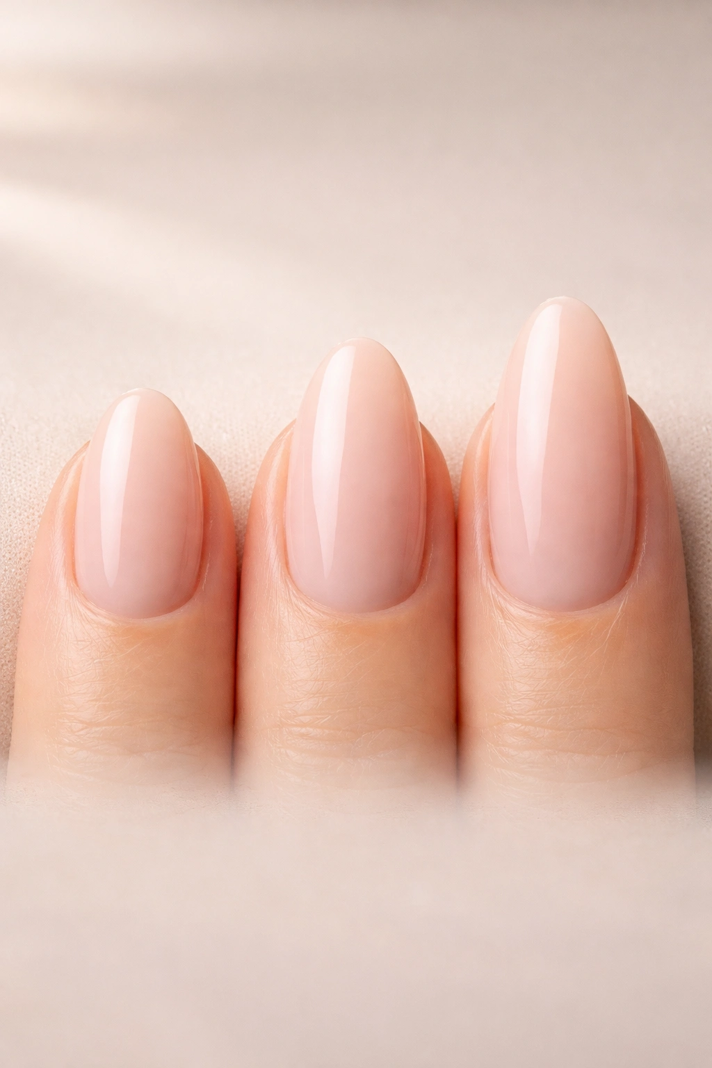 Close-up of almond oval nail tips showing short, medium, and long lengths on a neutral background