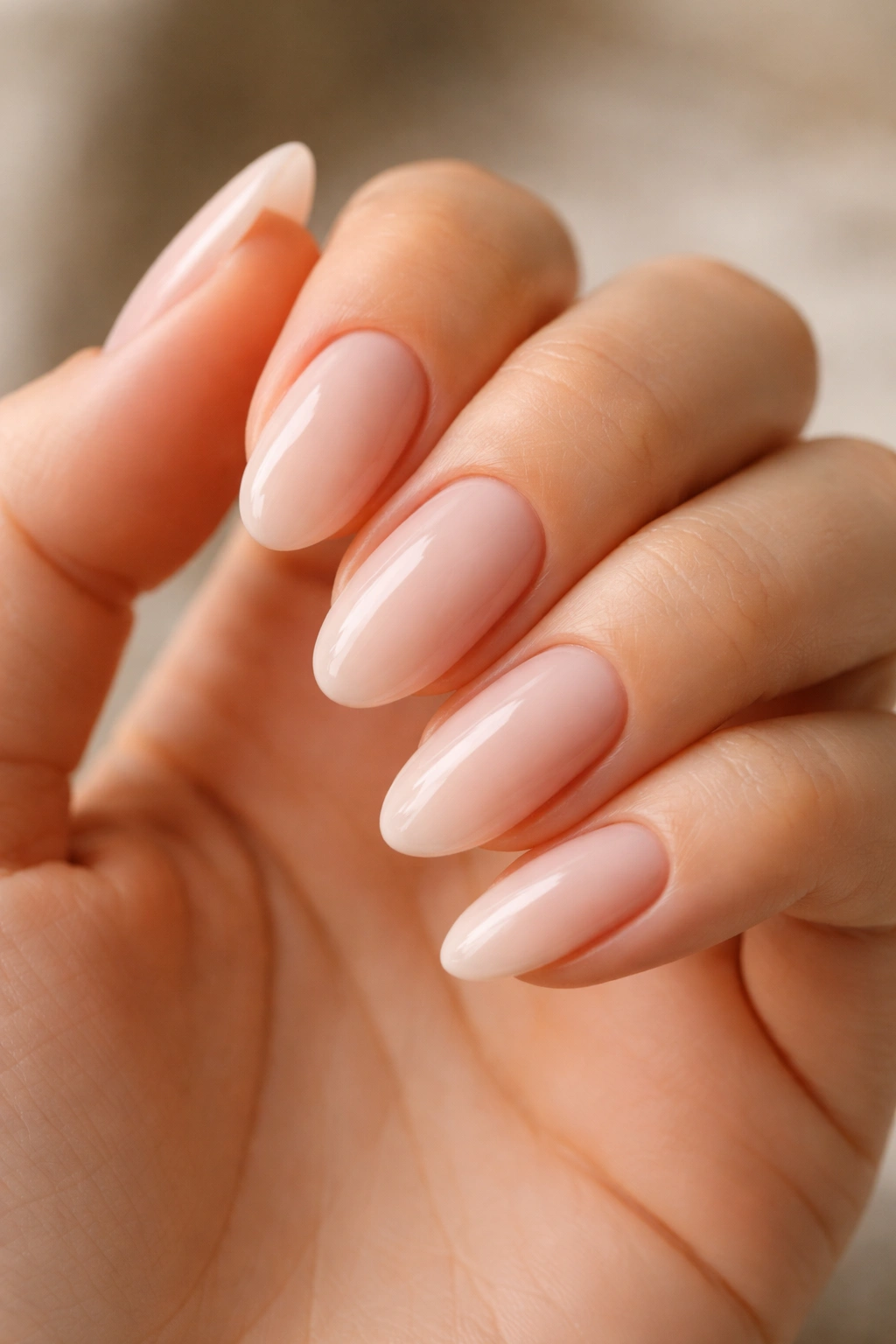 Close-up of pristine almond oval nails with smooth edges and healthy shine