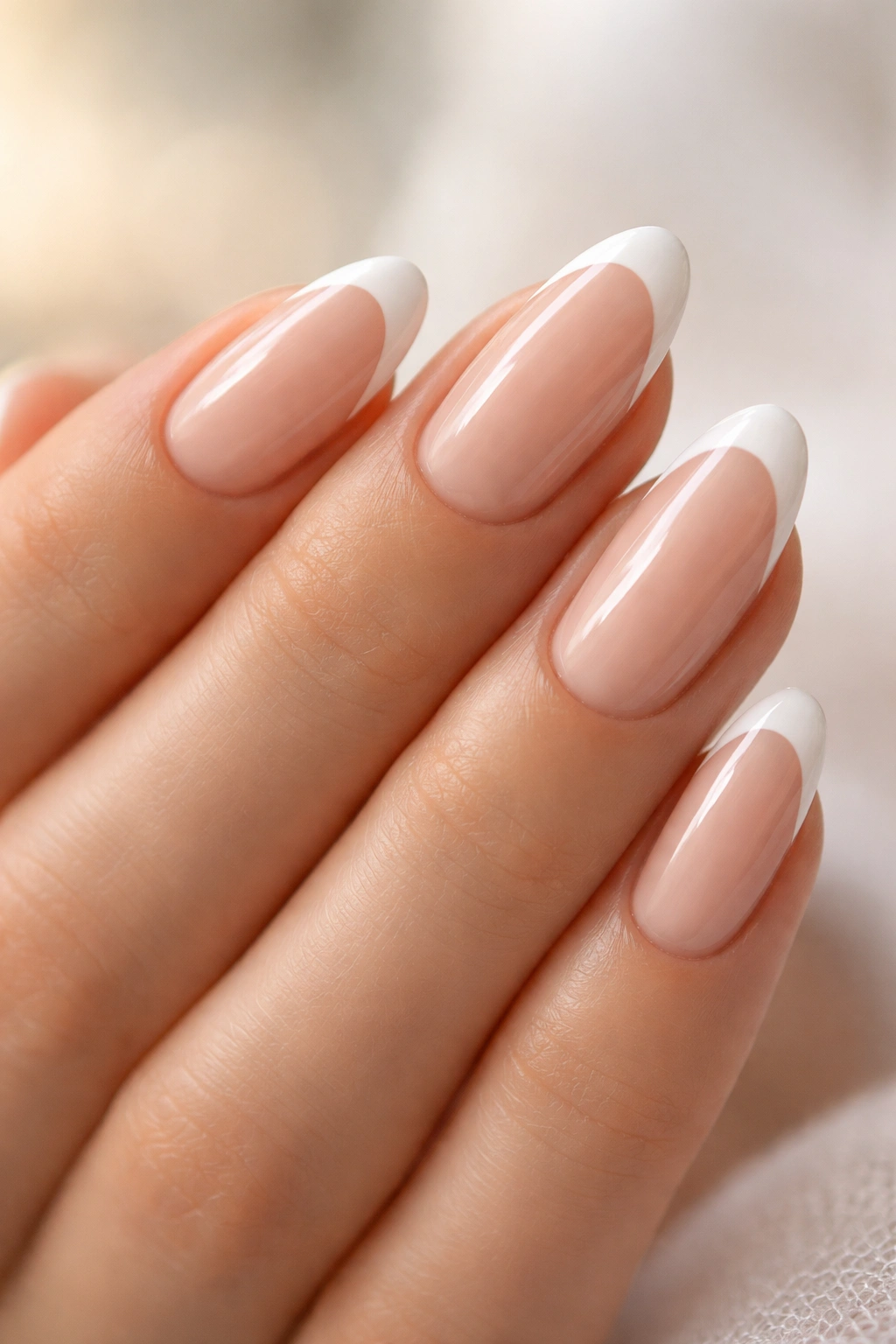 Close-up of almond-oval nails with thin white curved tips on pink base