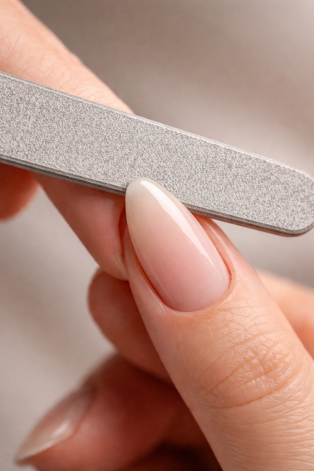 Nail being filed to a precise almond shape on a neutral background