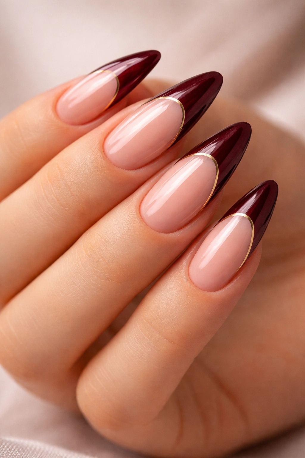 Almond-shaped nails in burgundy on medium-length acrylics