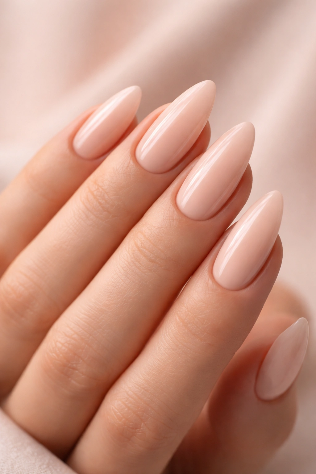 Close-up of almond-shaped nude nails on hands with neutral background