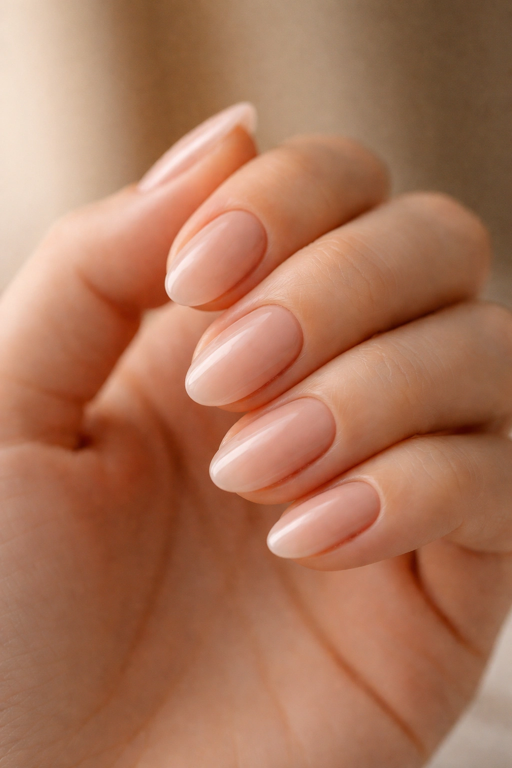 Close-up of almond-soft short oval builder gel nails with subtle taper and glossy finish