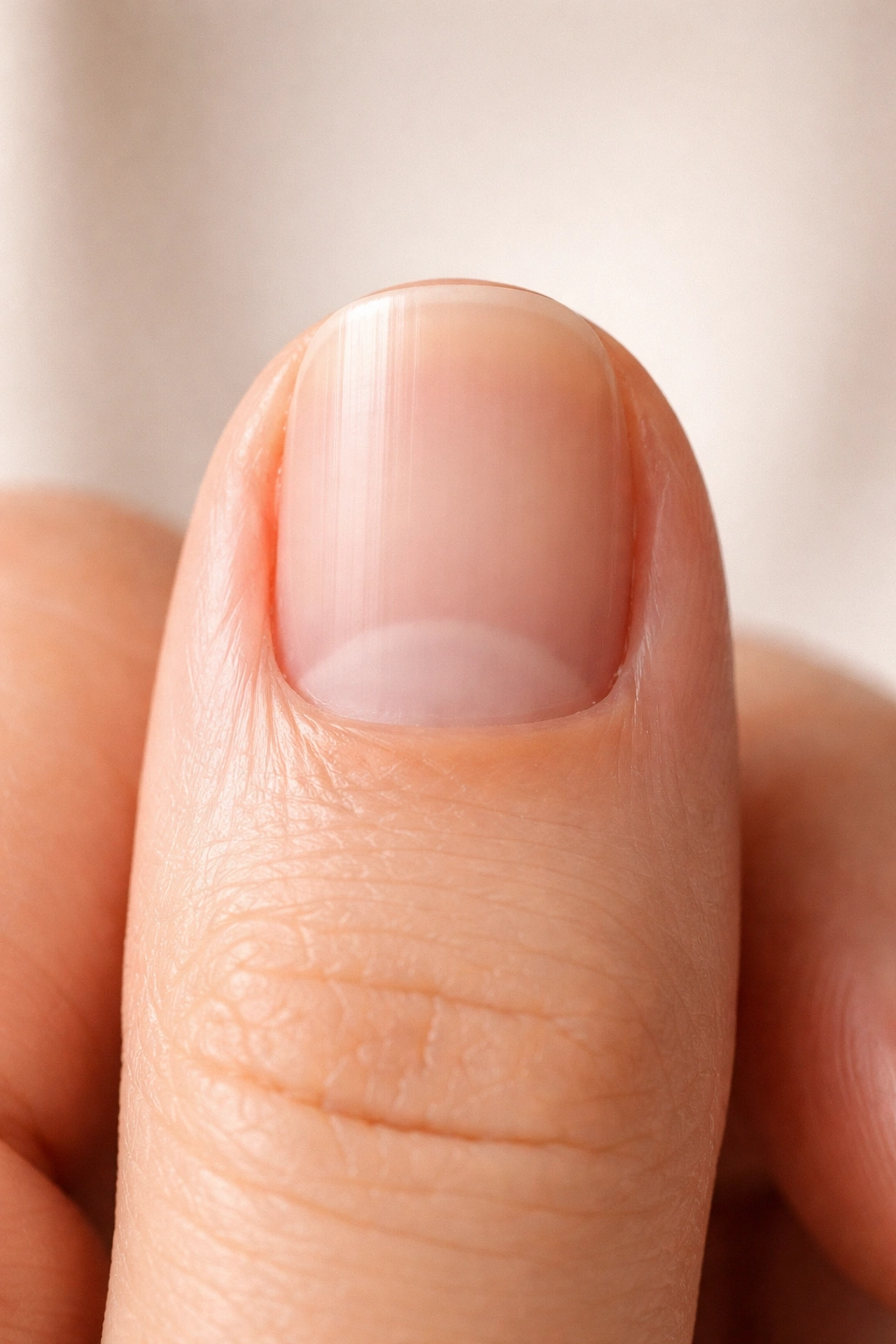 Natural short nail with barely visible free edge and subtle enhancement options