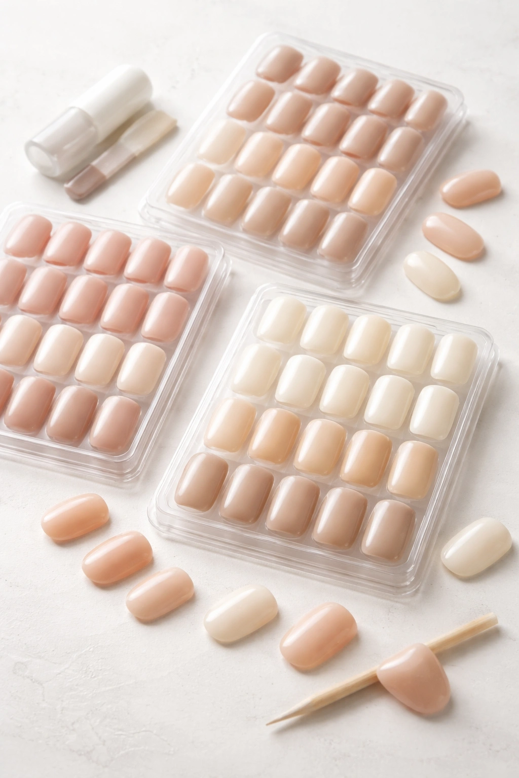Close-up of Amazon Basics short squoval nails in creme and sheer finishes