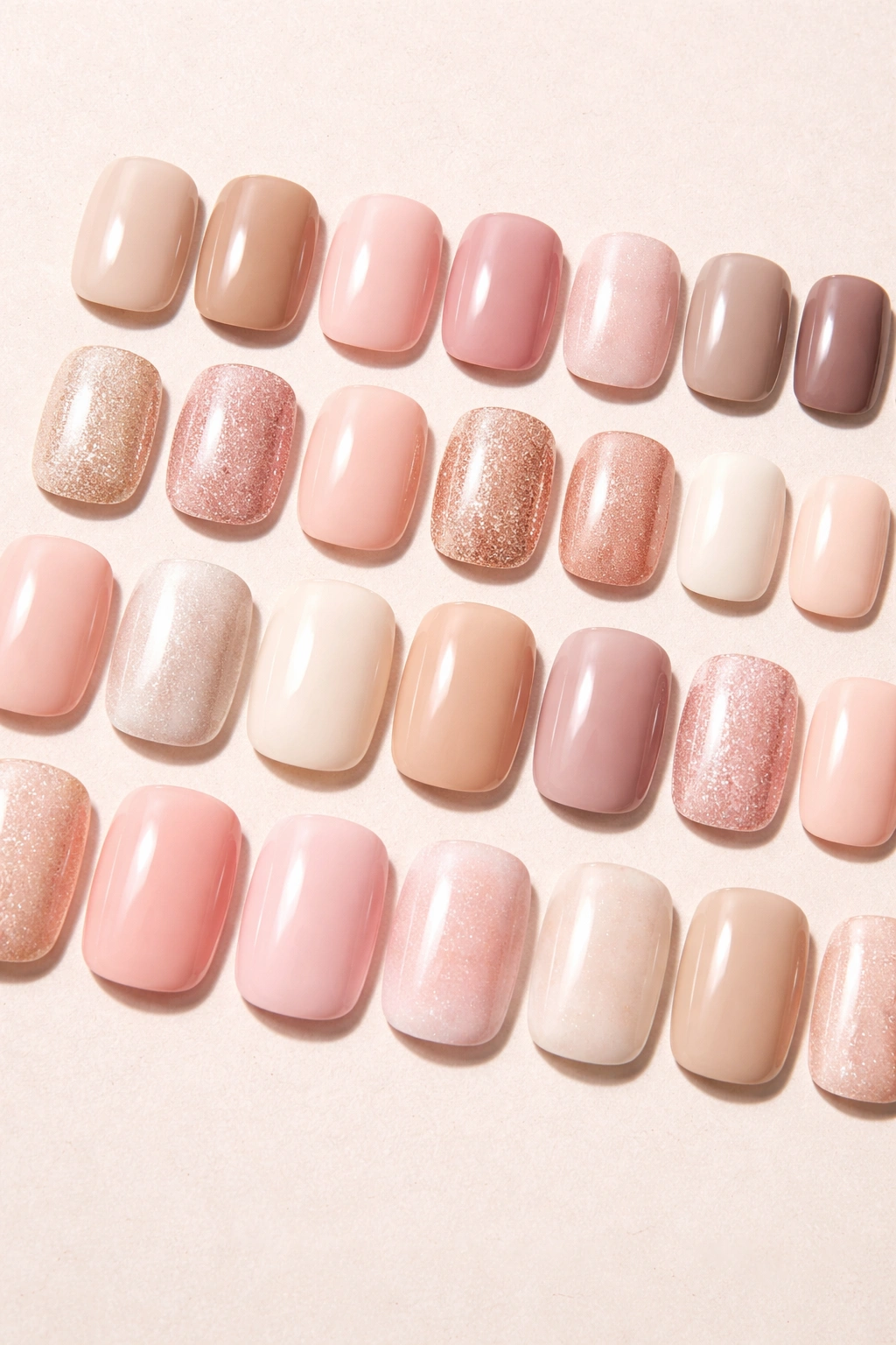 Assorted Amazon Basics squoval press-on nails on neutral background