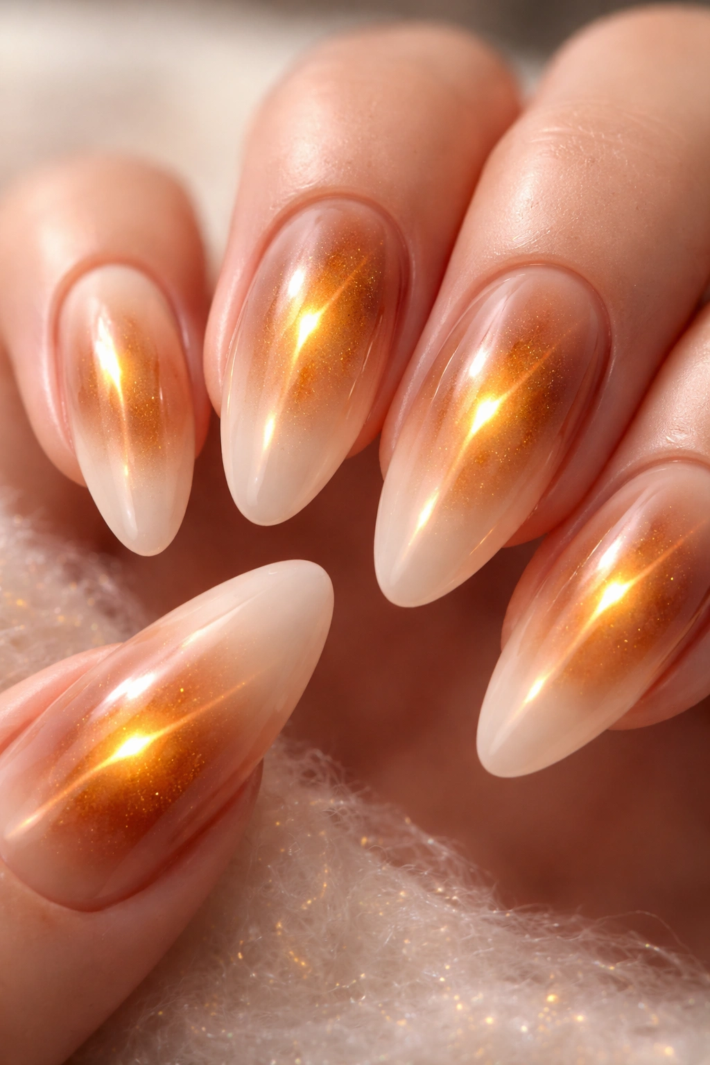 Nails featuring amber cat eye center with soft diffuse edges