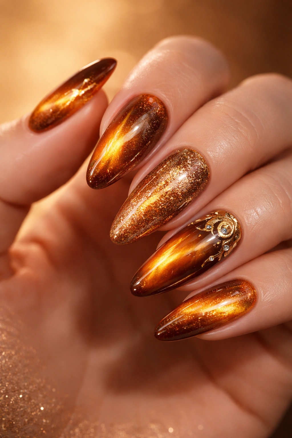Hand shows cohesive amber cat eye nails with varied designs