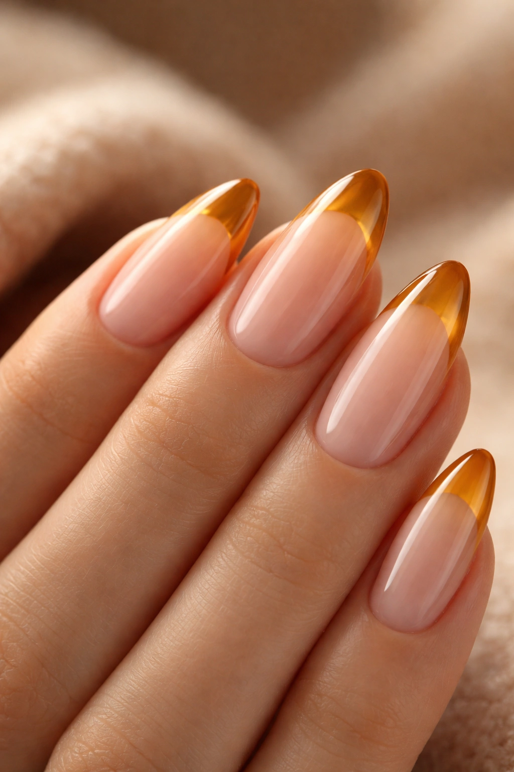 Almond nails with amber glazed french tips and subtle shine