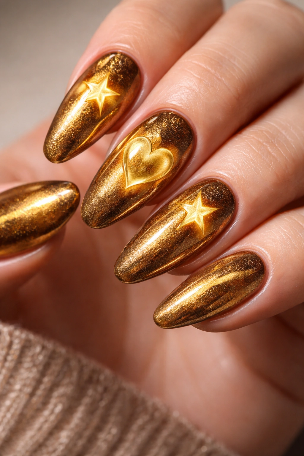 Amber gold 3D cat eye nails with raised shapes visible under light