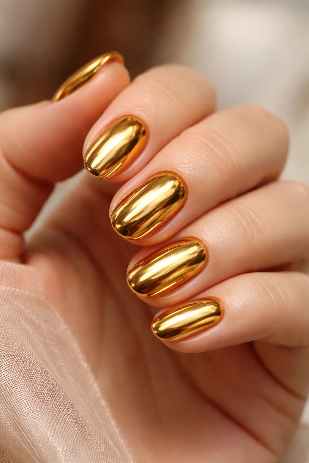 Close-up of short oval nails with amber gold chrome finish