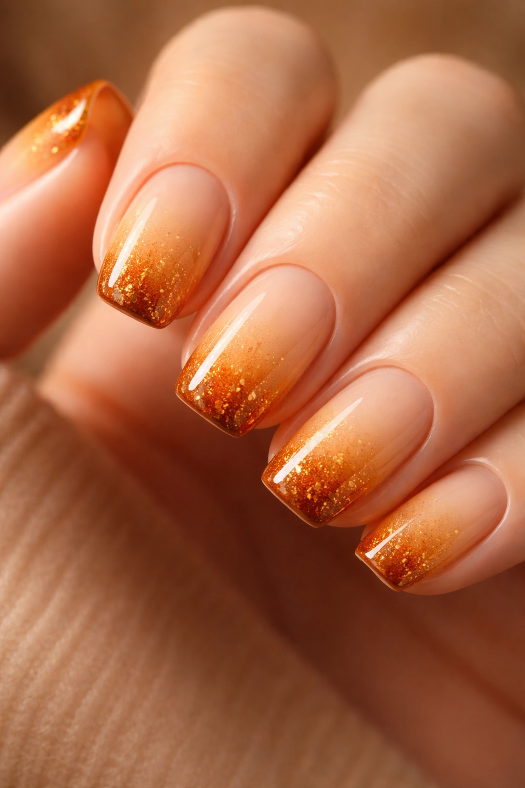 Nails with pale gold to amber gradient and subtle sparkle