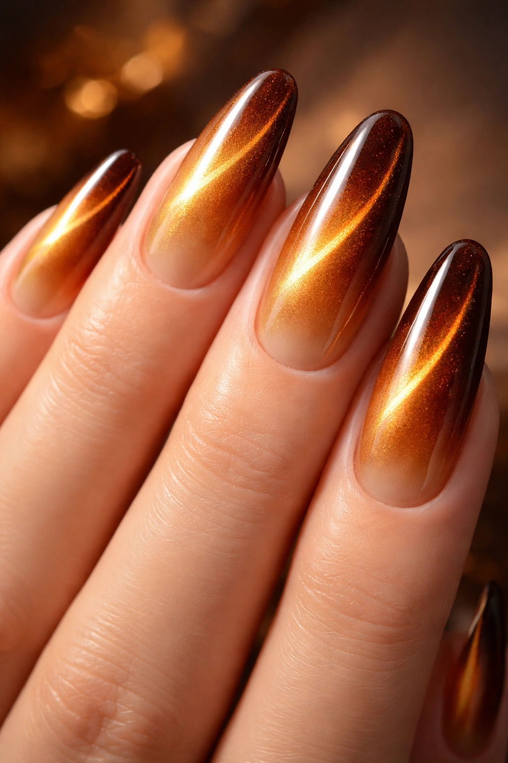 Amber gradient ombré nails with cat eye shimmer