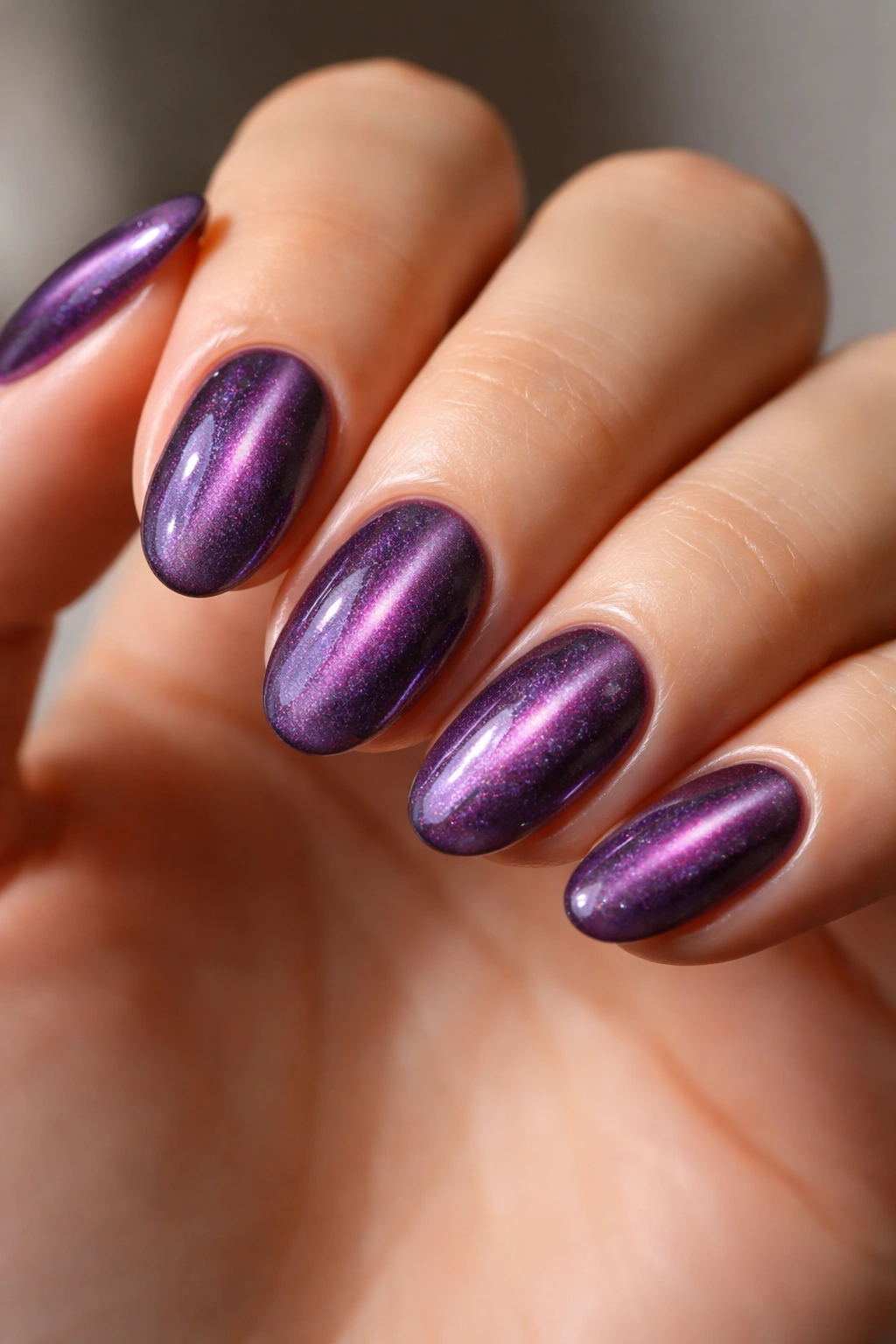 Close-up of short almond nails with amethyst cat-eye shimmer and centered magnetic line