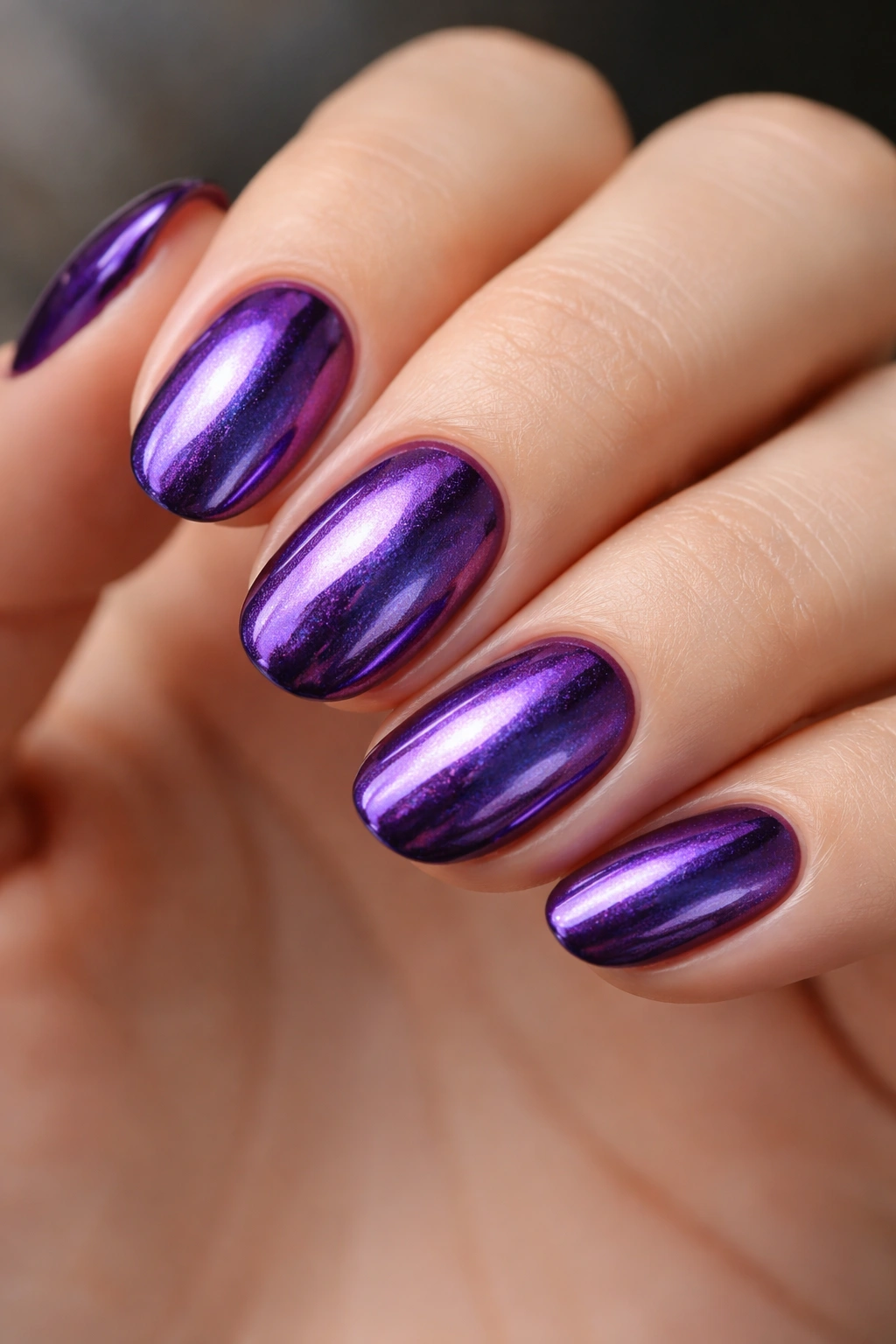 Close-up of amethyst chrome shine on short oval nails