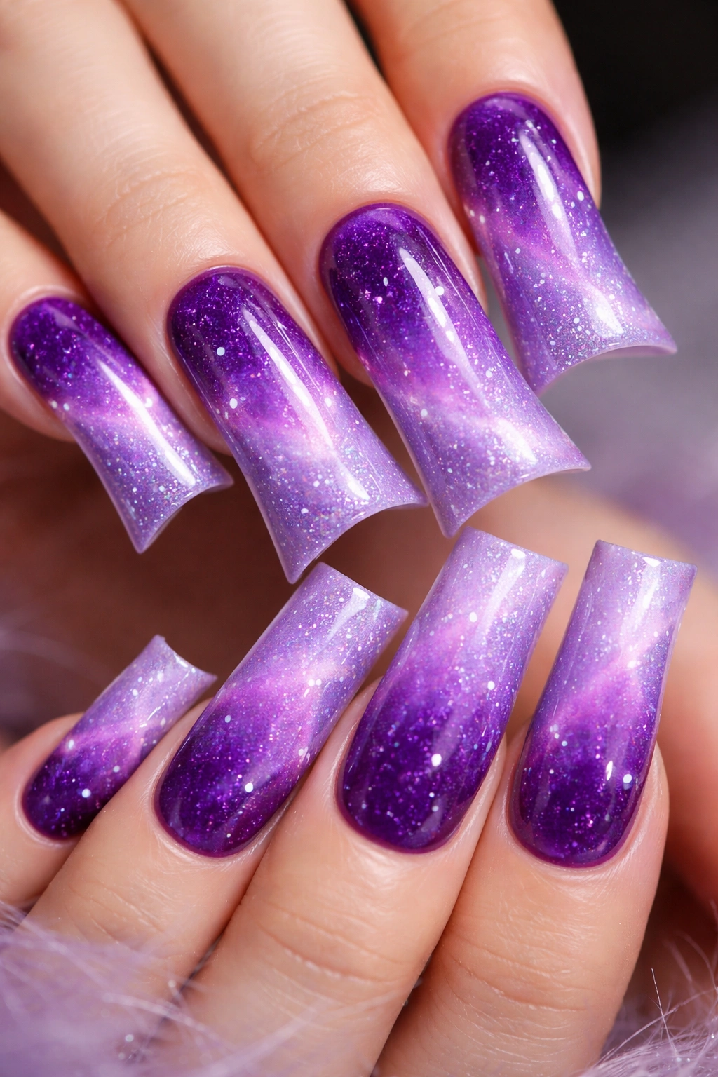 Deep purple to lavender gradient on duck nails with silver shimmer