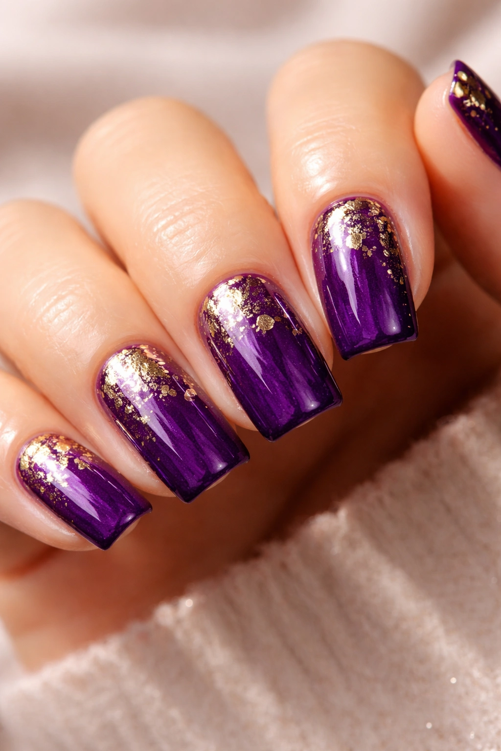 Close-up of Amethyst Purple with Gold Leaf Accents nails on bare hand with deep purple base and gold leaf