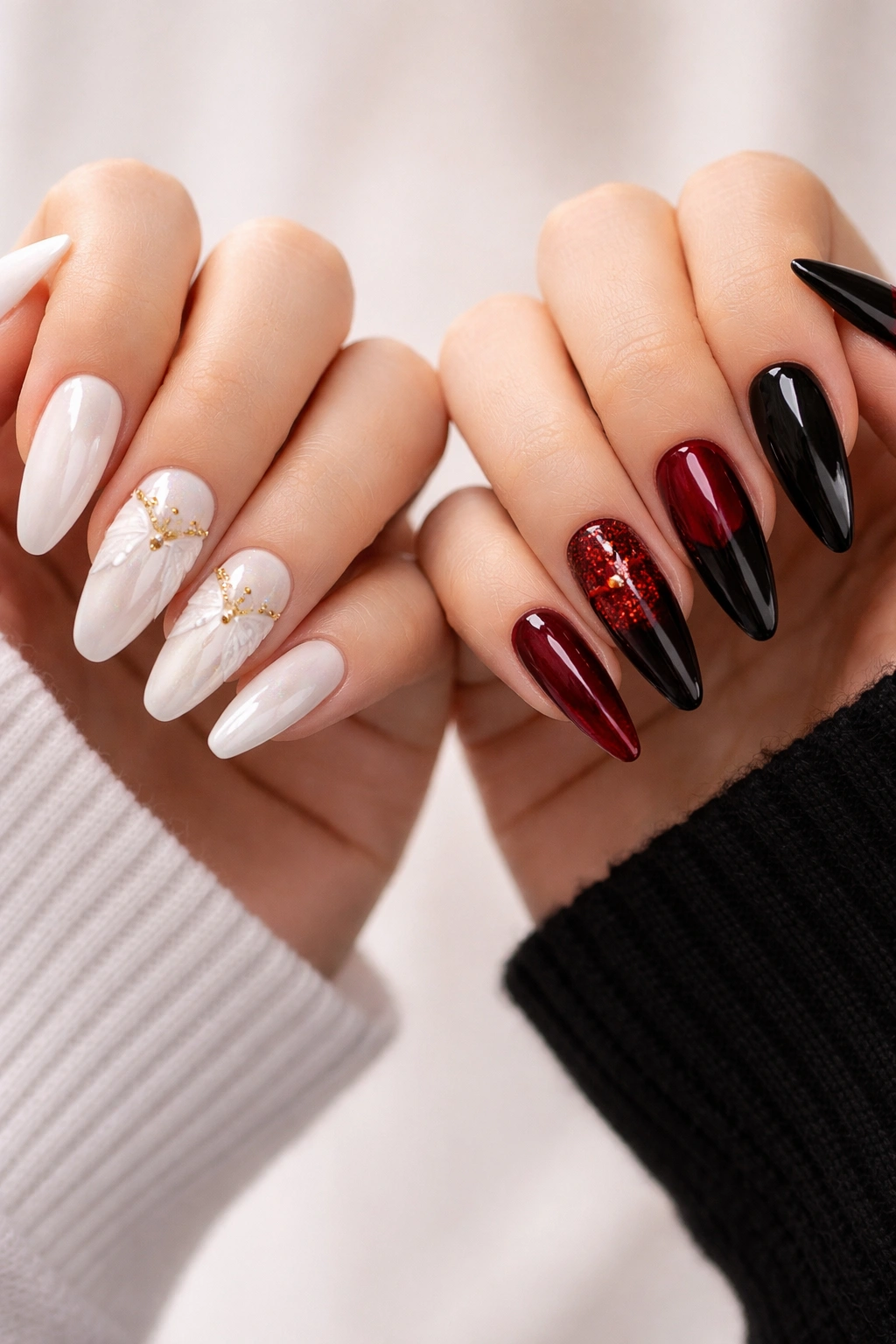 Two hands showing angelic white nails with halos and wing accents and devilish red black nails with horns