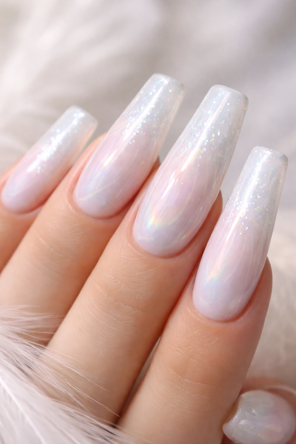 White duck nails with iridescent shimmer and pearl flakes