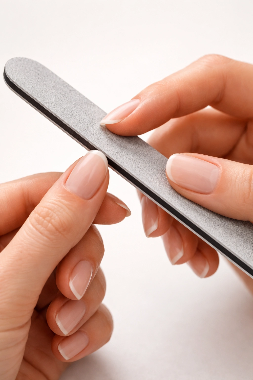 Hand holding a nail file at 45-degree angle against a natural nail