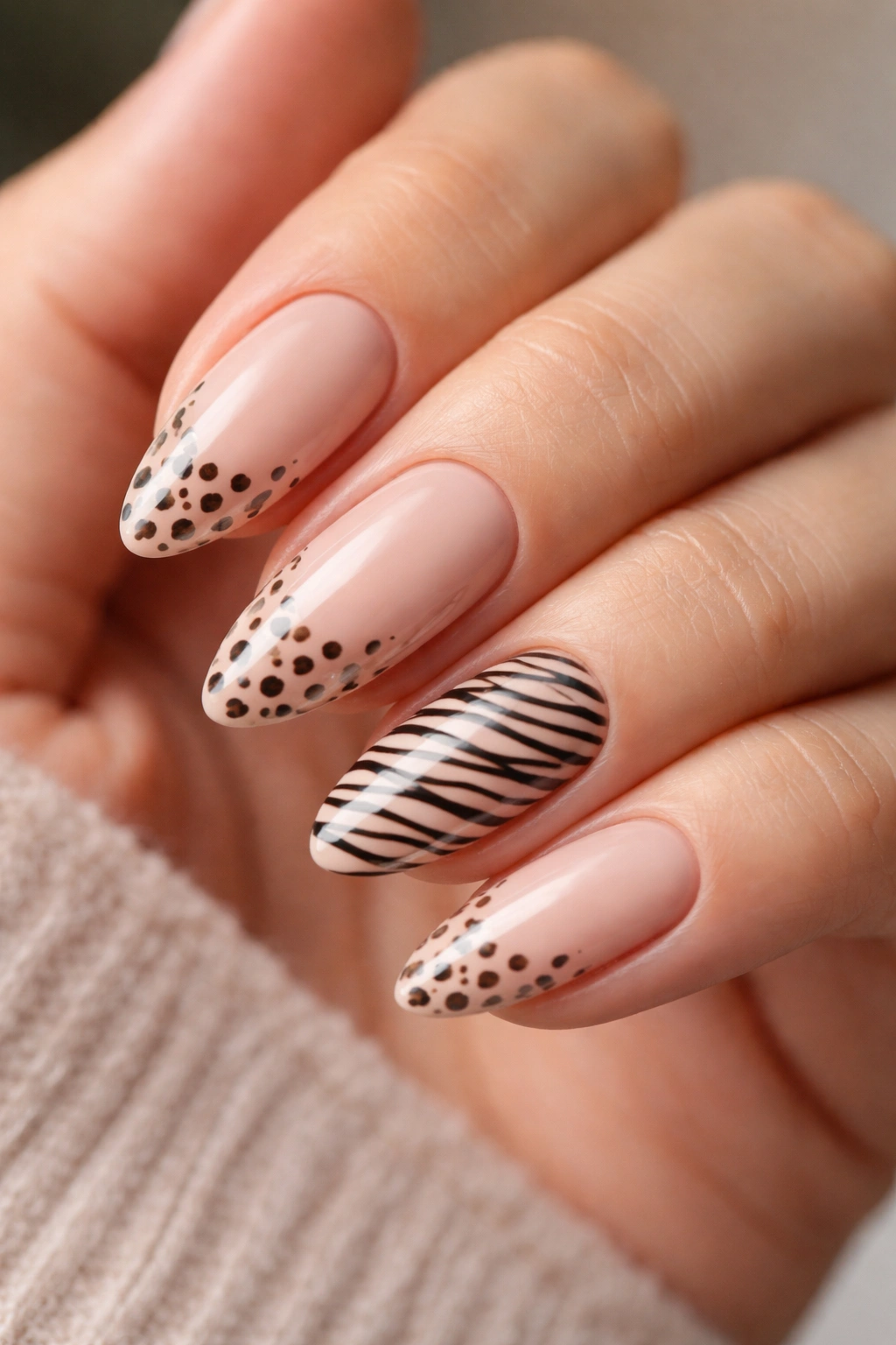 Almond nails with subtle animal print on neutral base