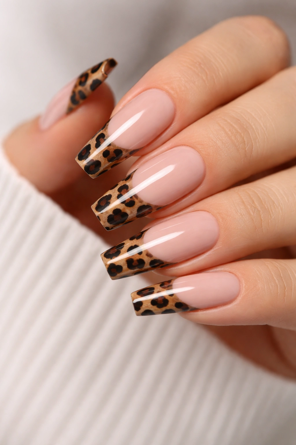 Coffin nails with leopard print tips on neutral base