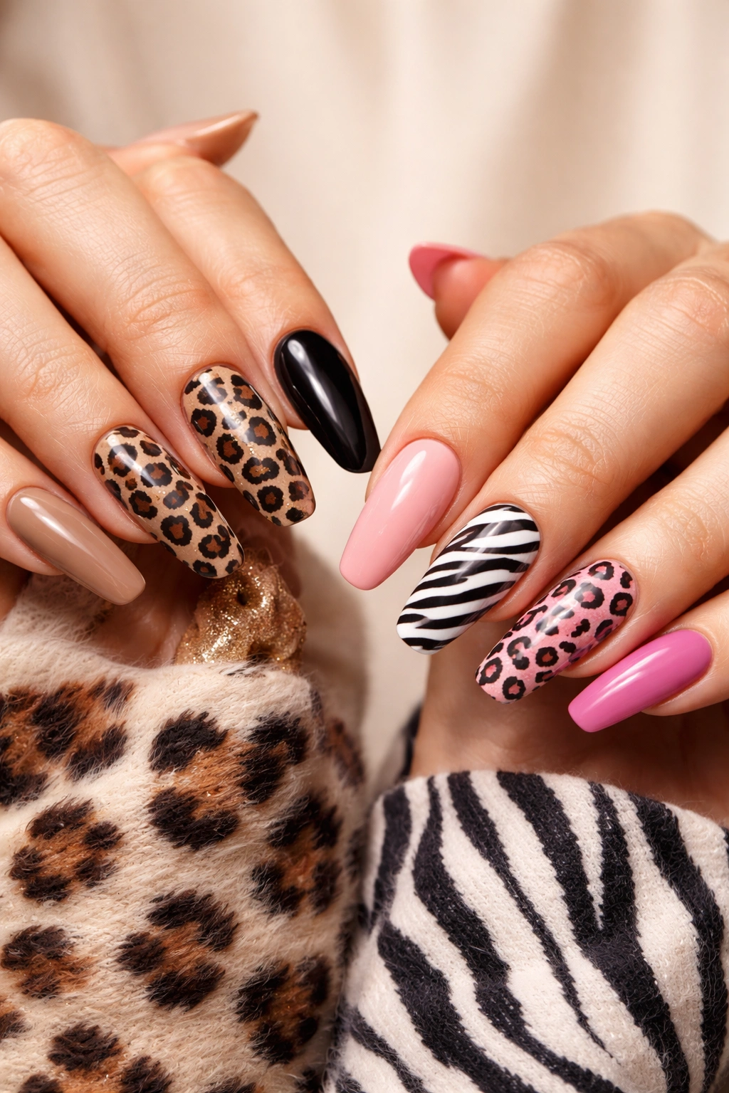 Nails with coordinated animal print patterns on two hands