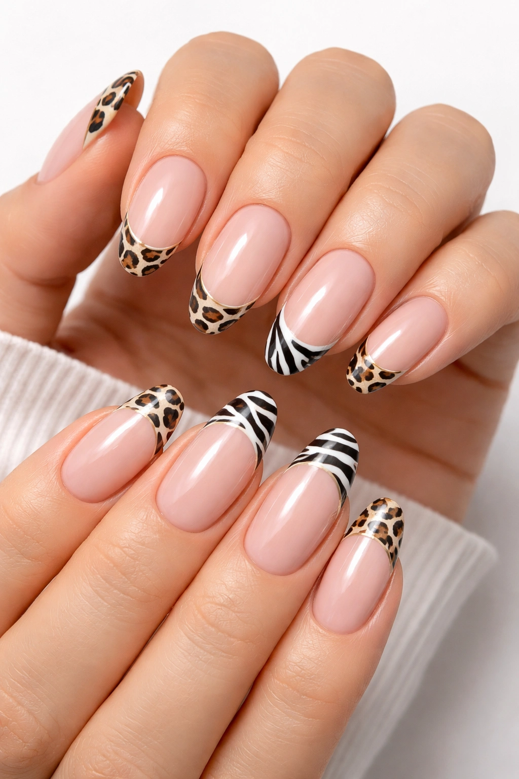 Close-up of nude nails with animal print tips