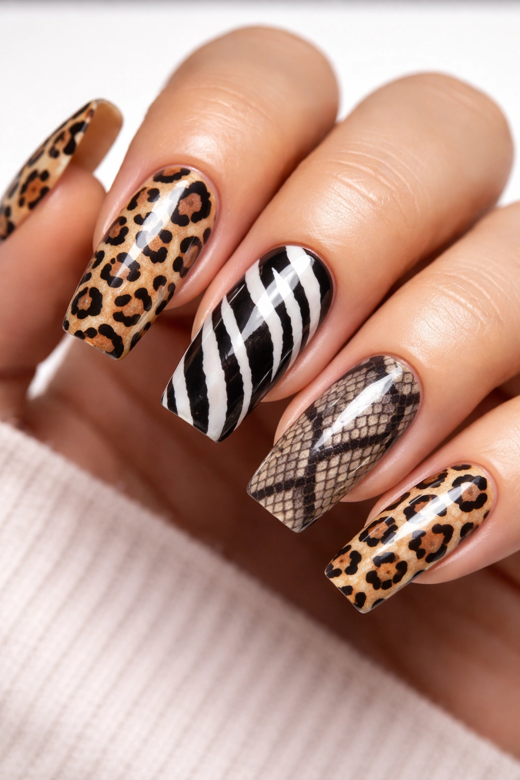Leopard print nails on medium-length acrylics