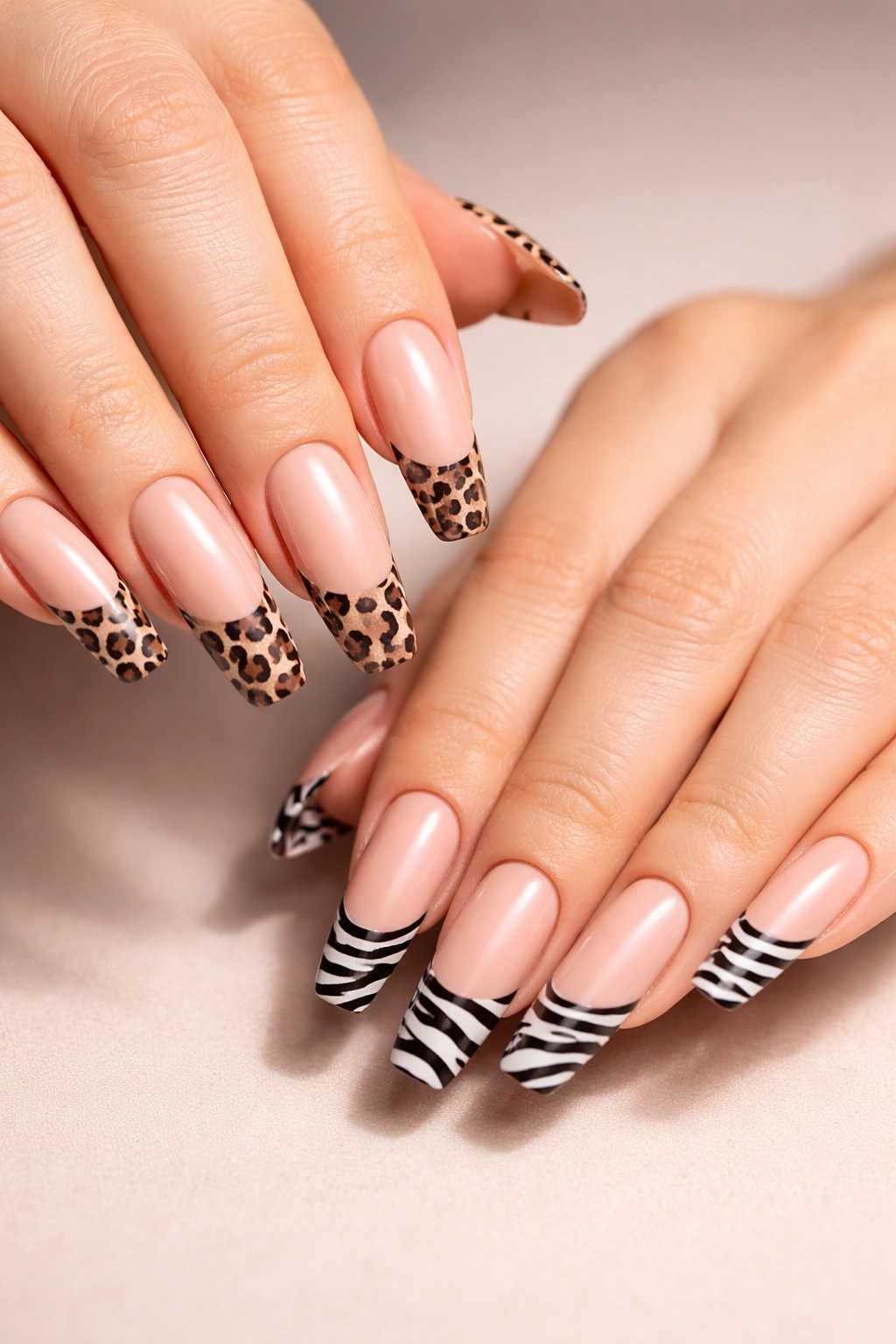 Nude nails with leopard print and zebra stripes on separate hands