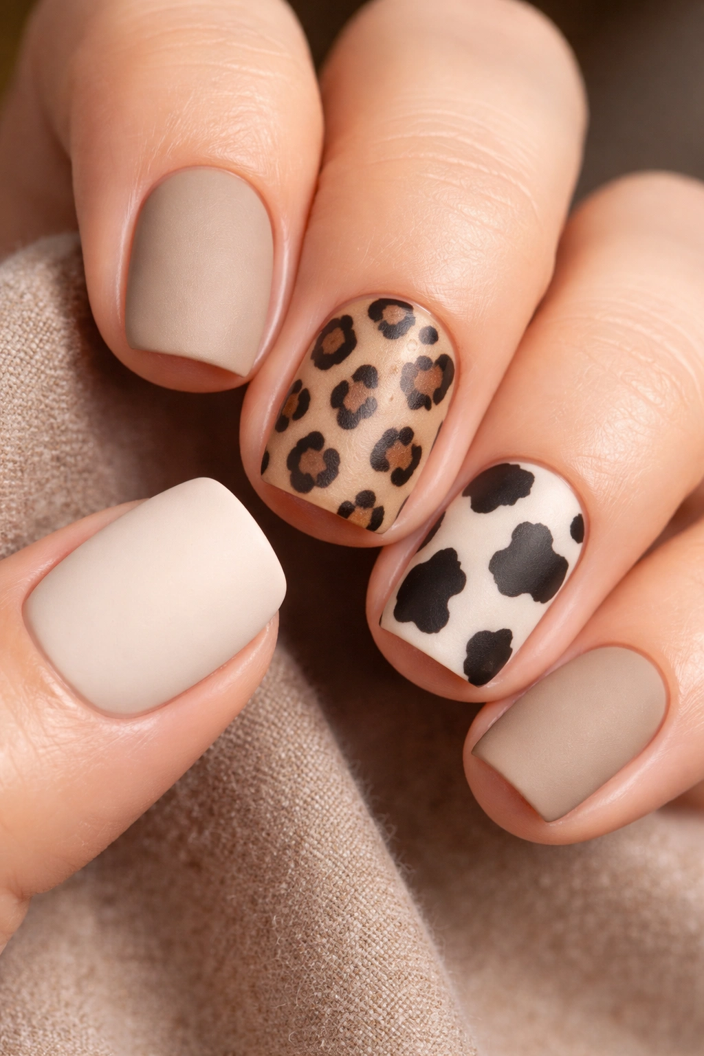 Close-up of short nails with cow print accent on one nail in neutral tones
