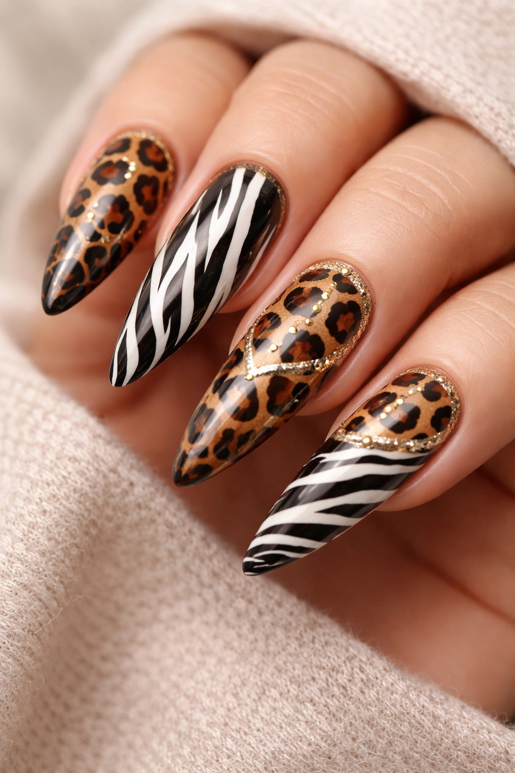 Nails with leopard and zebra animal prints