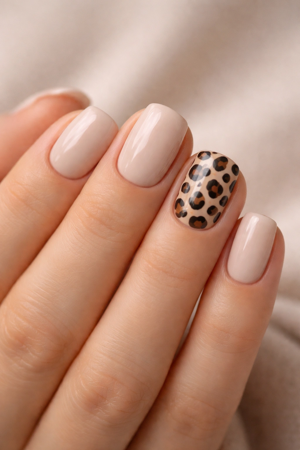 Short acrylic nails with leopard print accent nail against neutral background