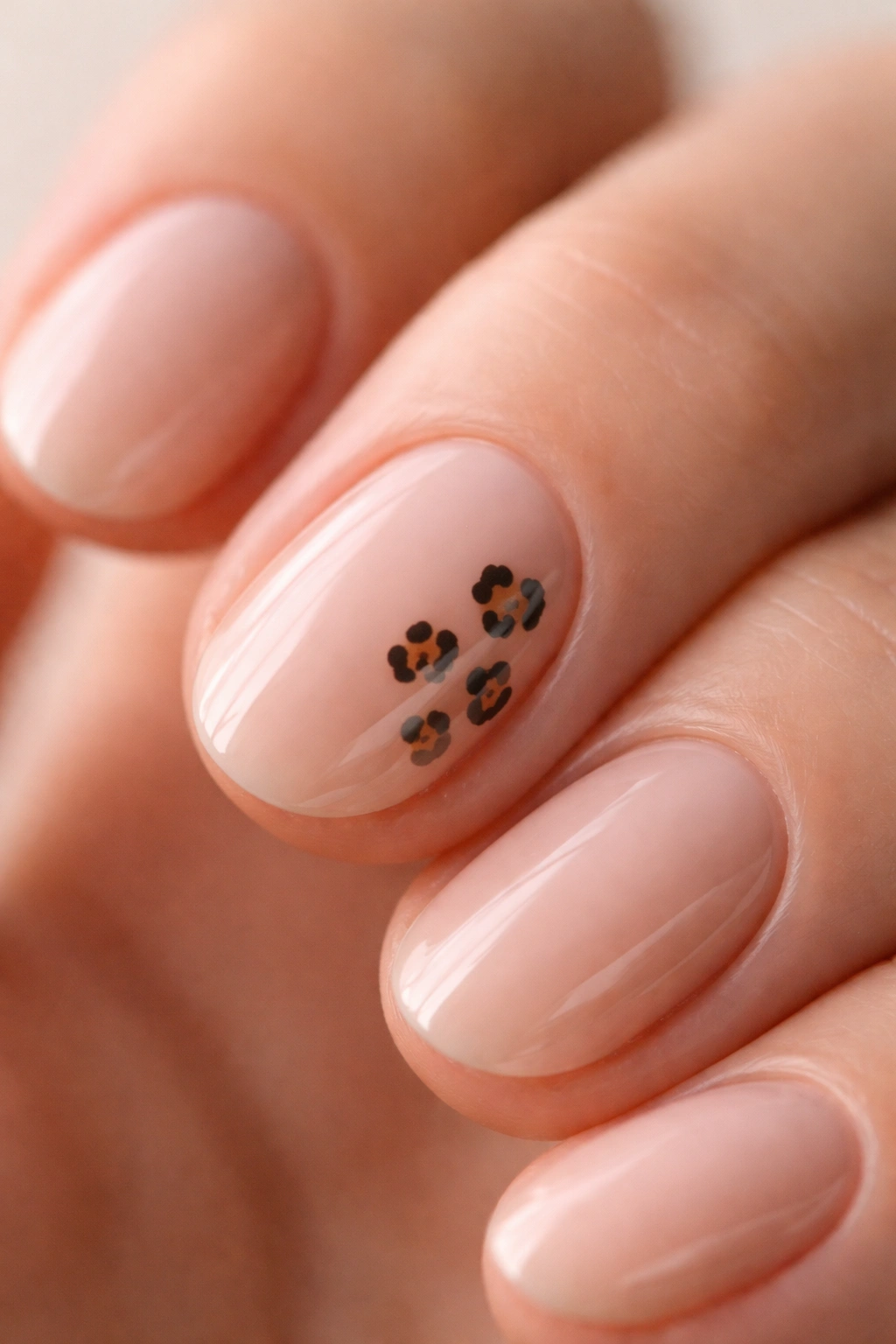 Close-up of a short oval nail with a tiny leopard print accent on nude base.