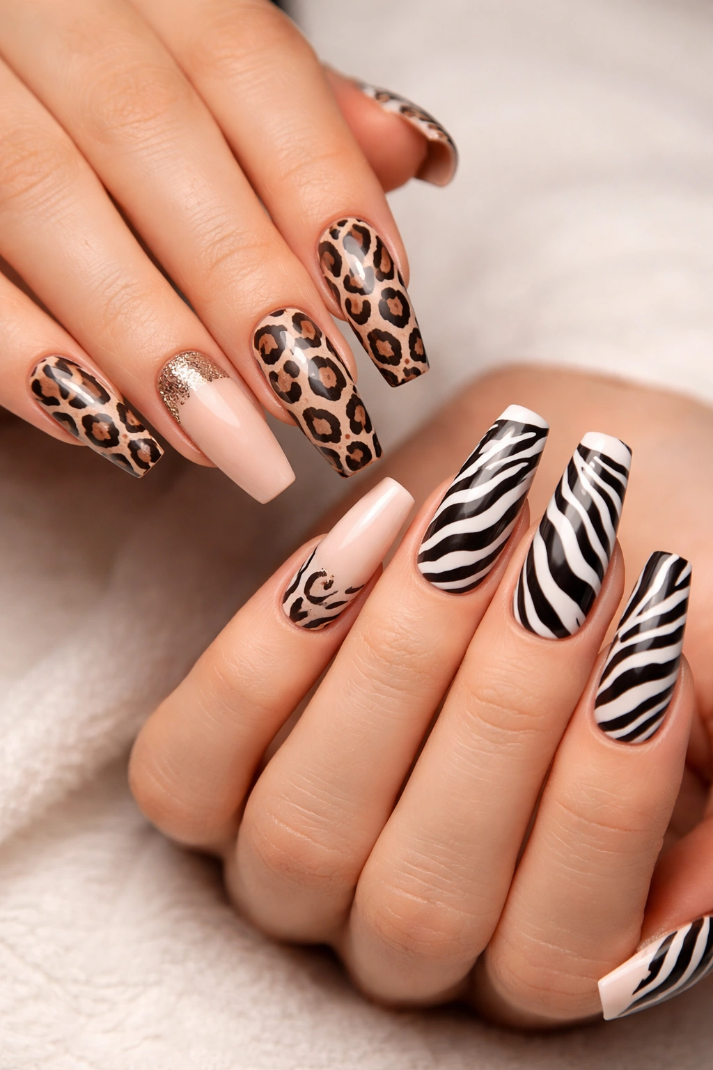 Two hands with coffin nails showing leopard print and zebra print patterns in coordinating colors