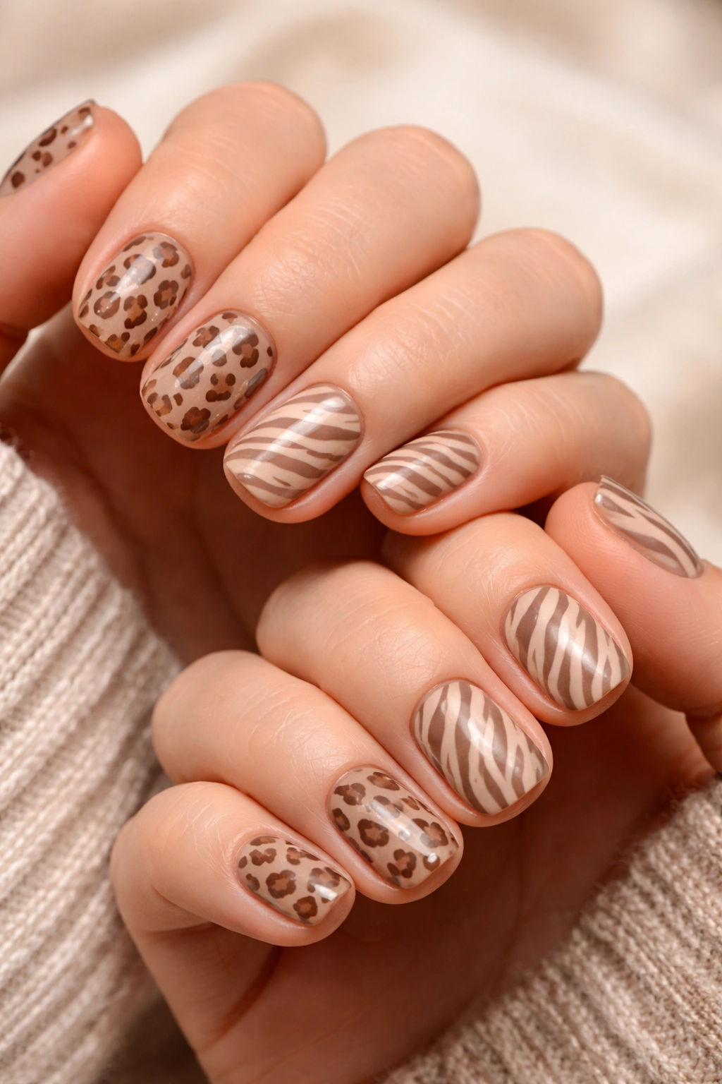 Close-up of two hands with short nails featuring leopard and zebra prints in brown tones.