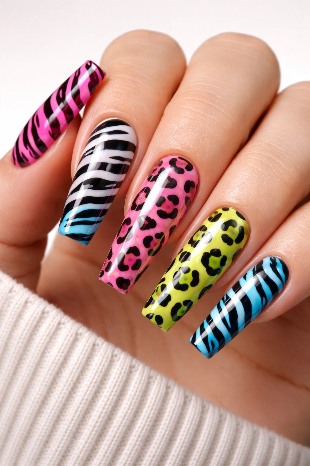 Close-up of acrylic nails with zebra and leopard animal prints