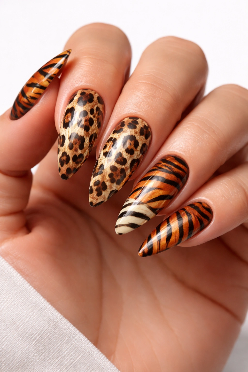 Close-up of nails with realistic leopard and tiger print patterns