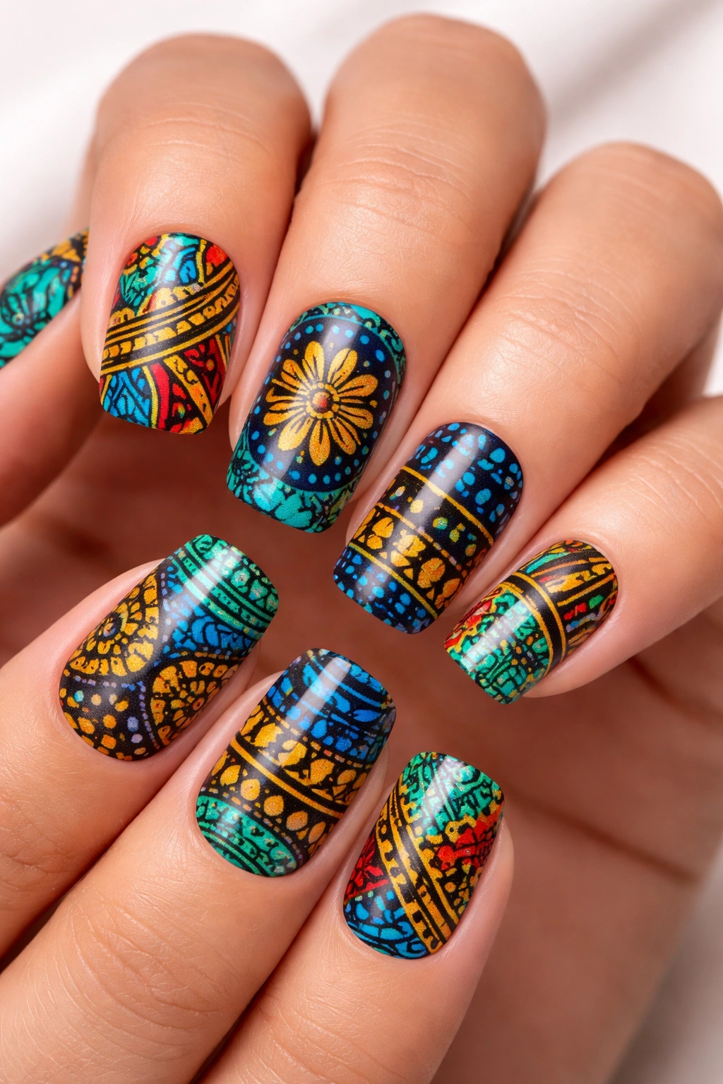 Nails wrapped with bold Ankara print patterns