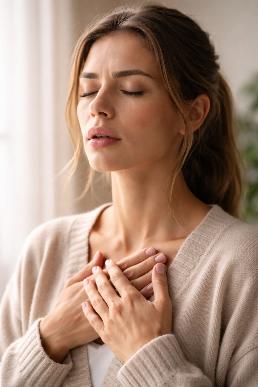 Close-up of a person practicing deep breathing to manage anxiety
