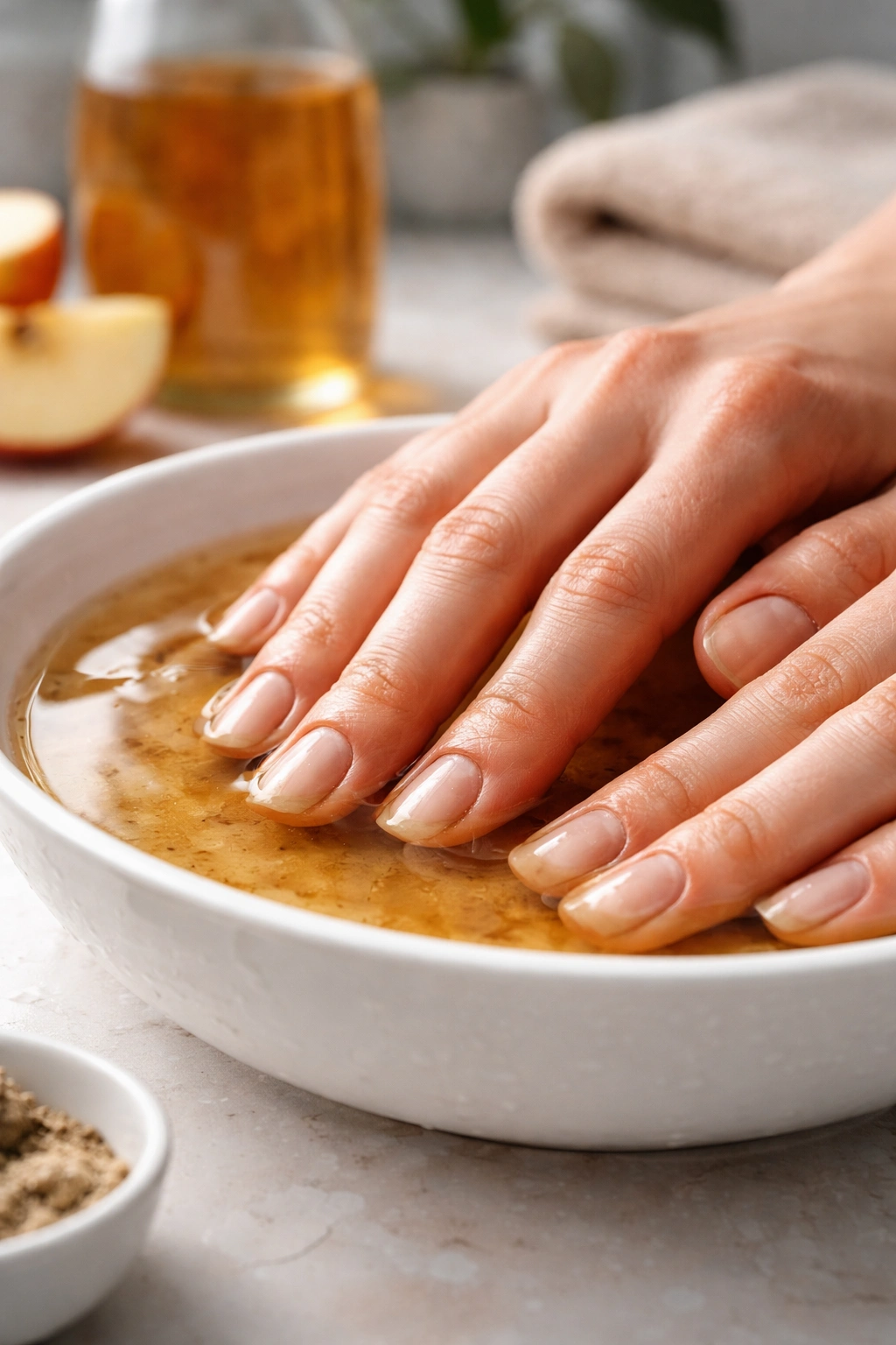 Fingers soaking in diluted apple cider vinegar under nails