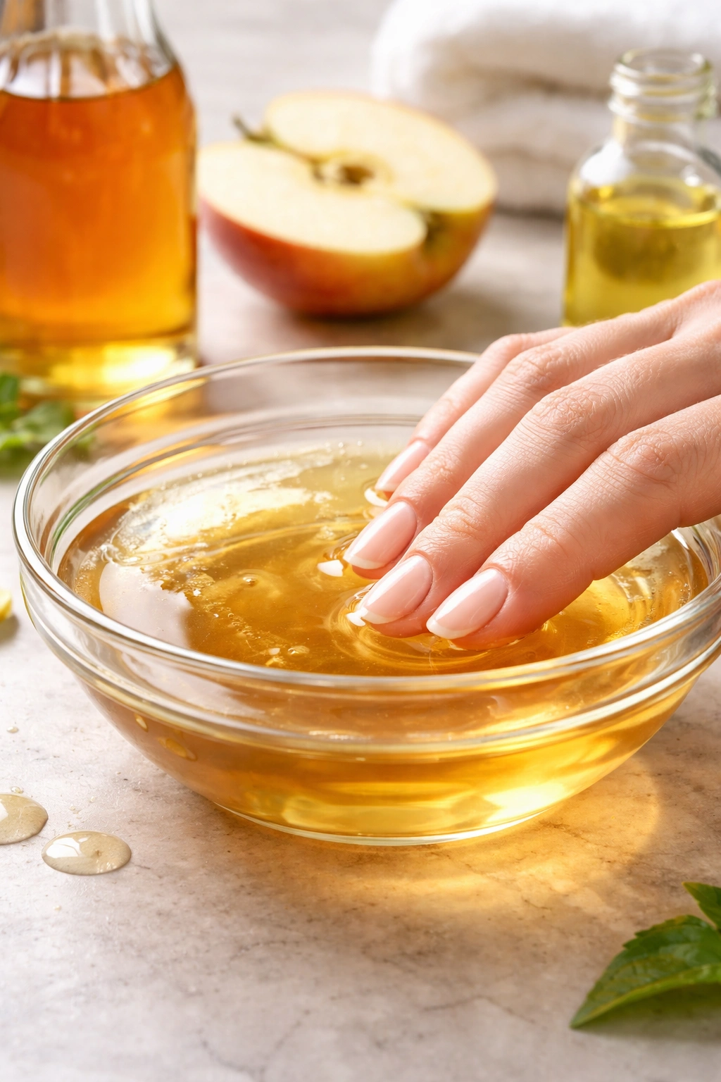 Nails in apple cider vinegar and oil soak for pH balance