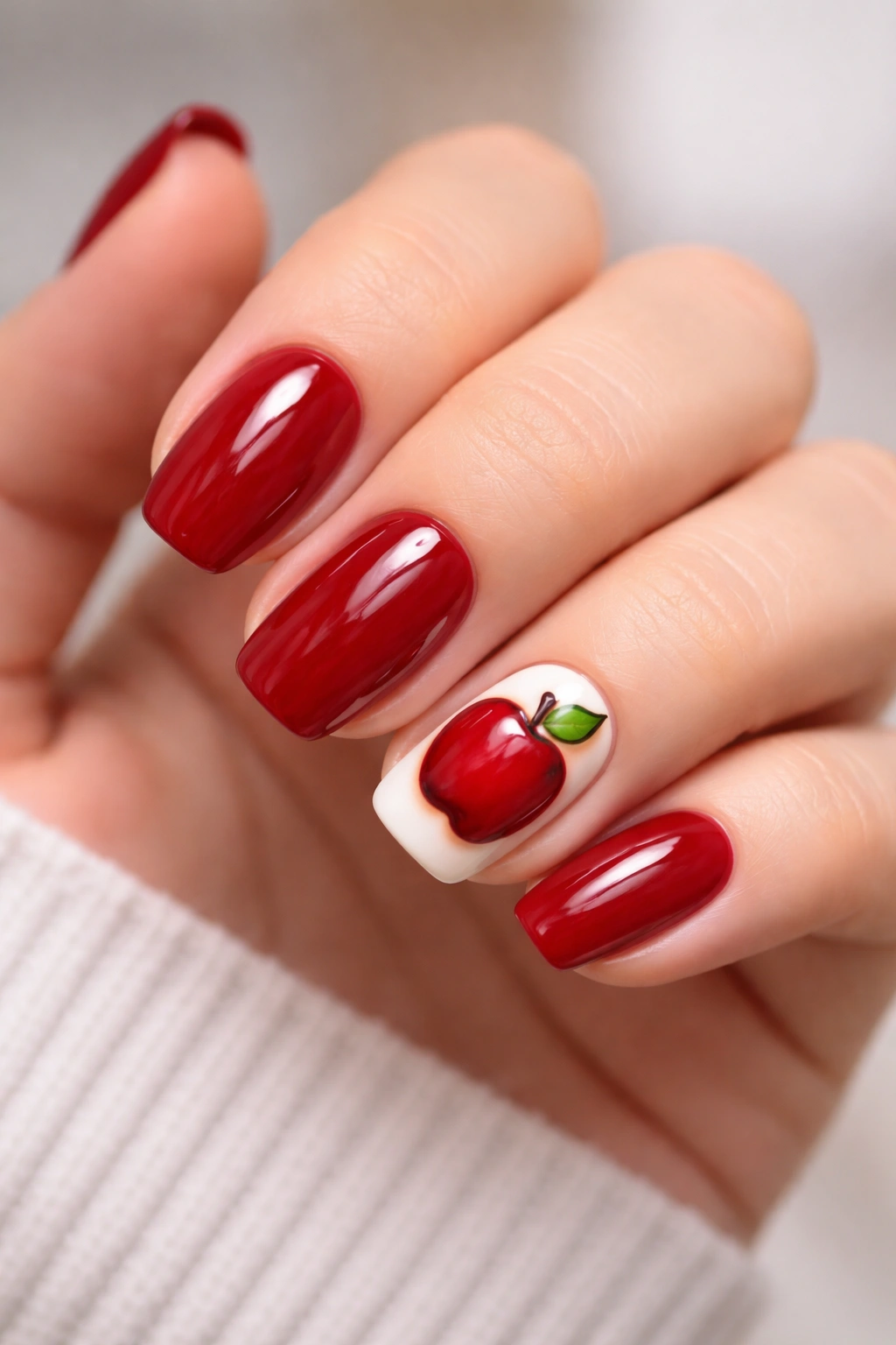 Close-up of red nails with an apple accent nail featuring a leaf and stem.