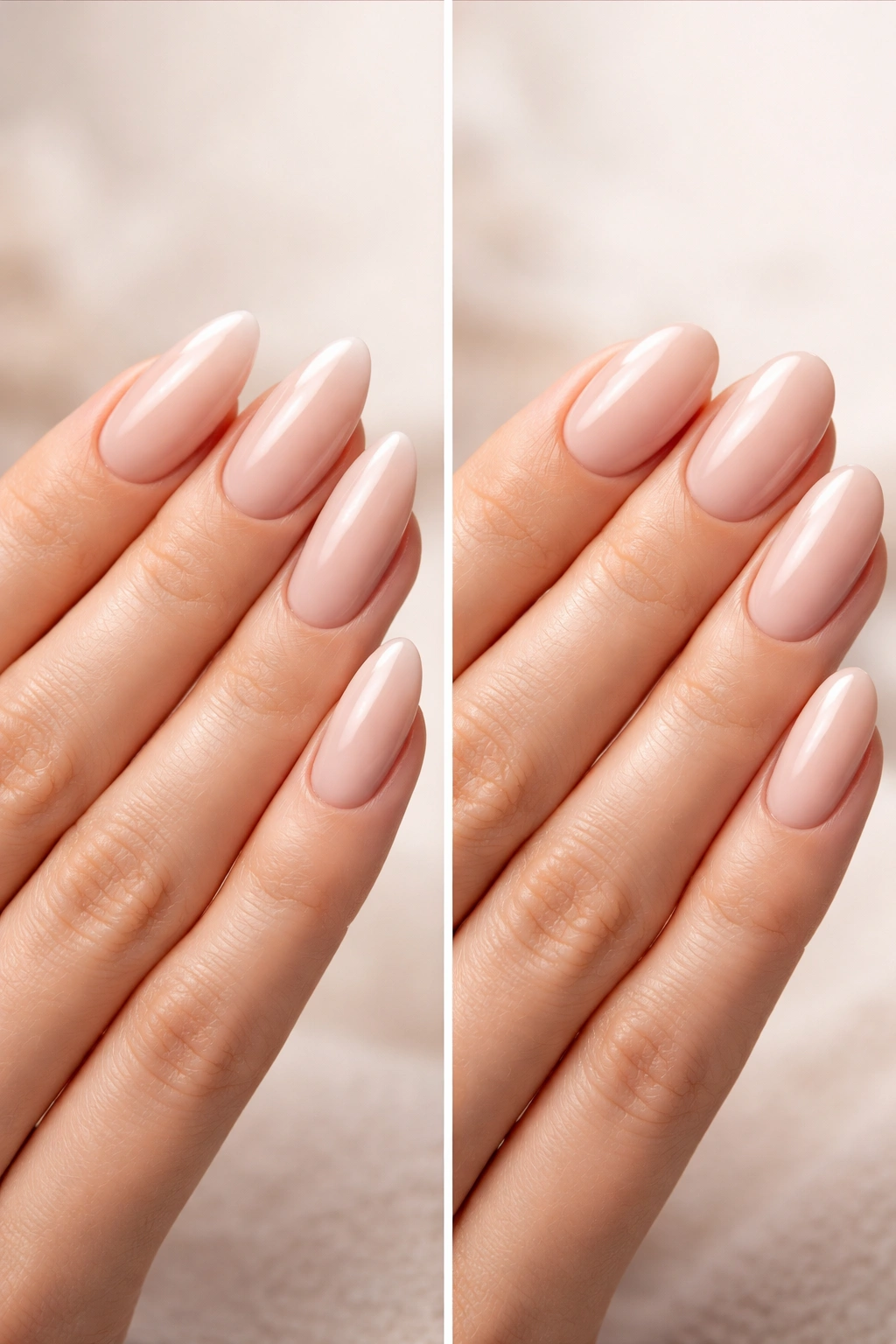 Two hands showing almond and oval nails with neat manicures, illustrating ease of application