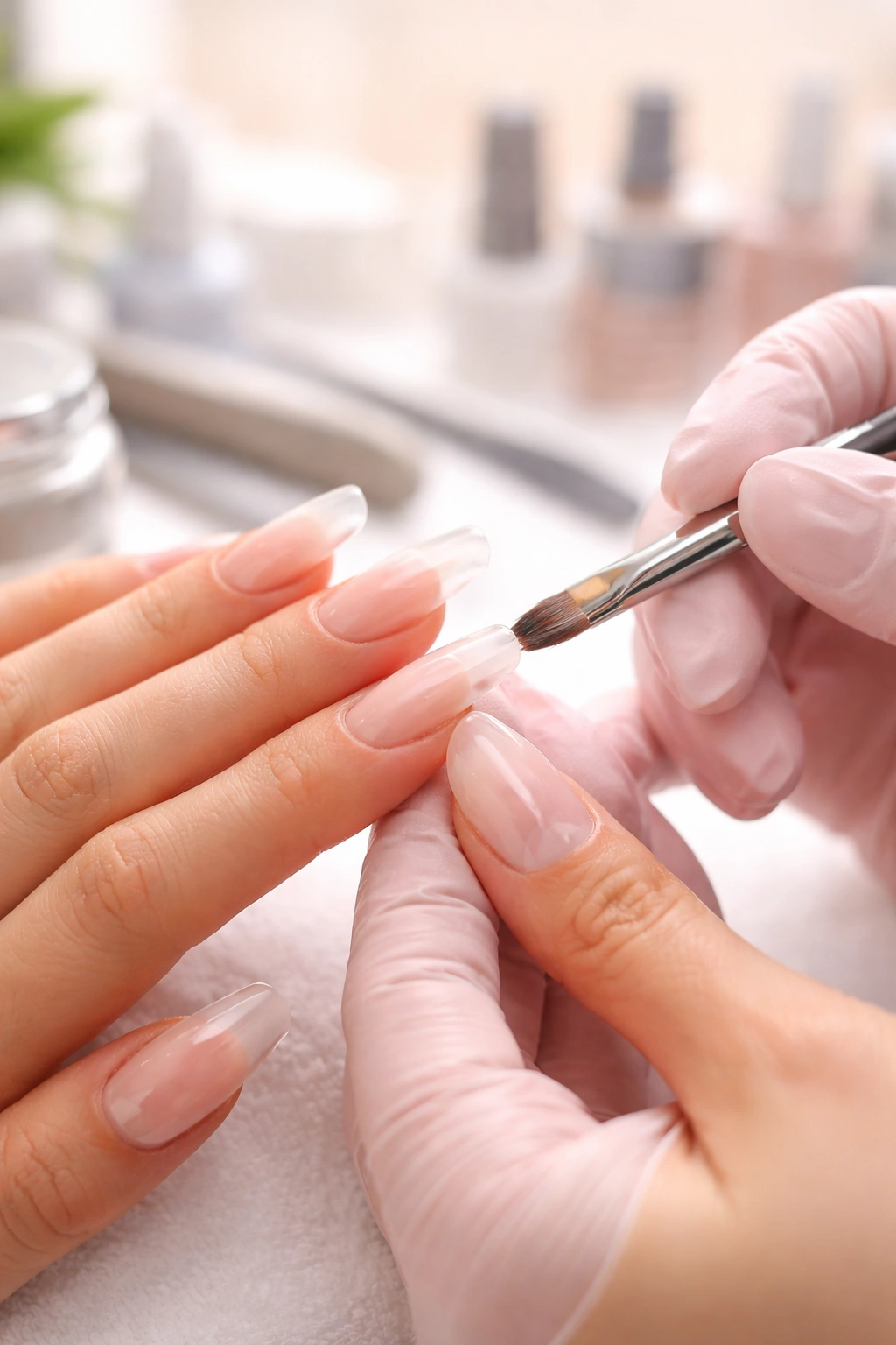 Nails in sharp focus with motion blur suggesting quick salon application.
