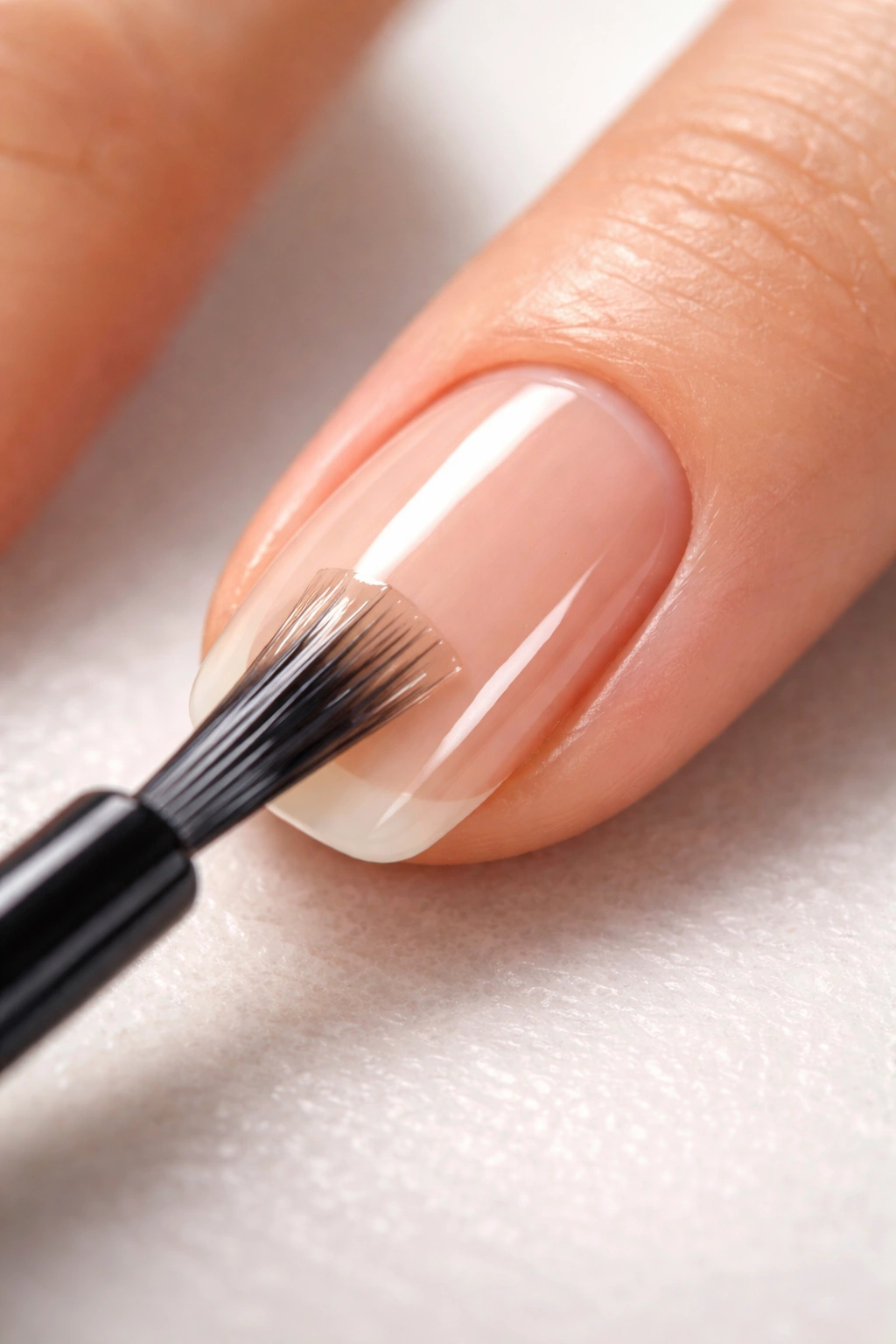 Nail being prepped and base coat applied in a thin even layer