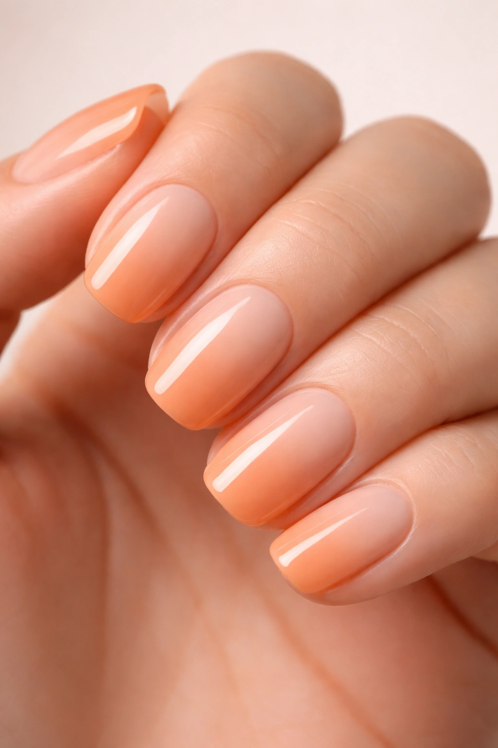 Close-up of short squoval nails with apricot gradient on neutral backdrop