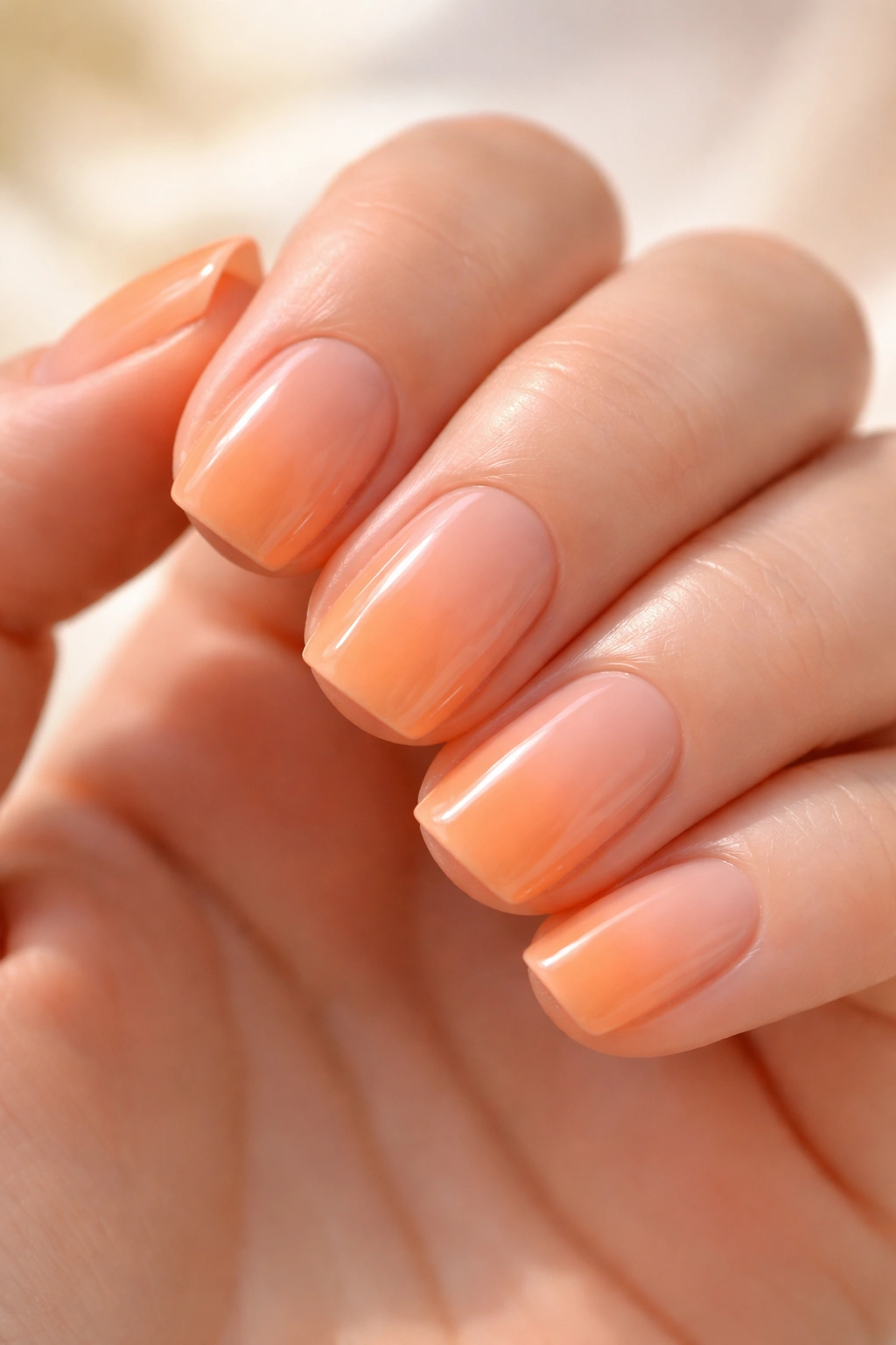 Close-up of five short squoval nails with apricot gradient from tips to clear near the cuticle