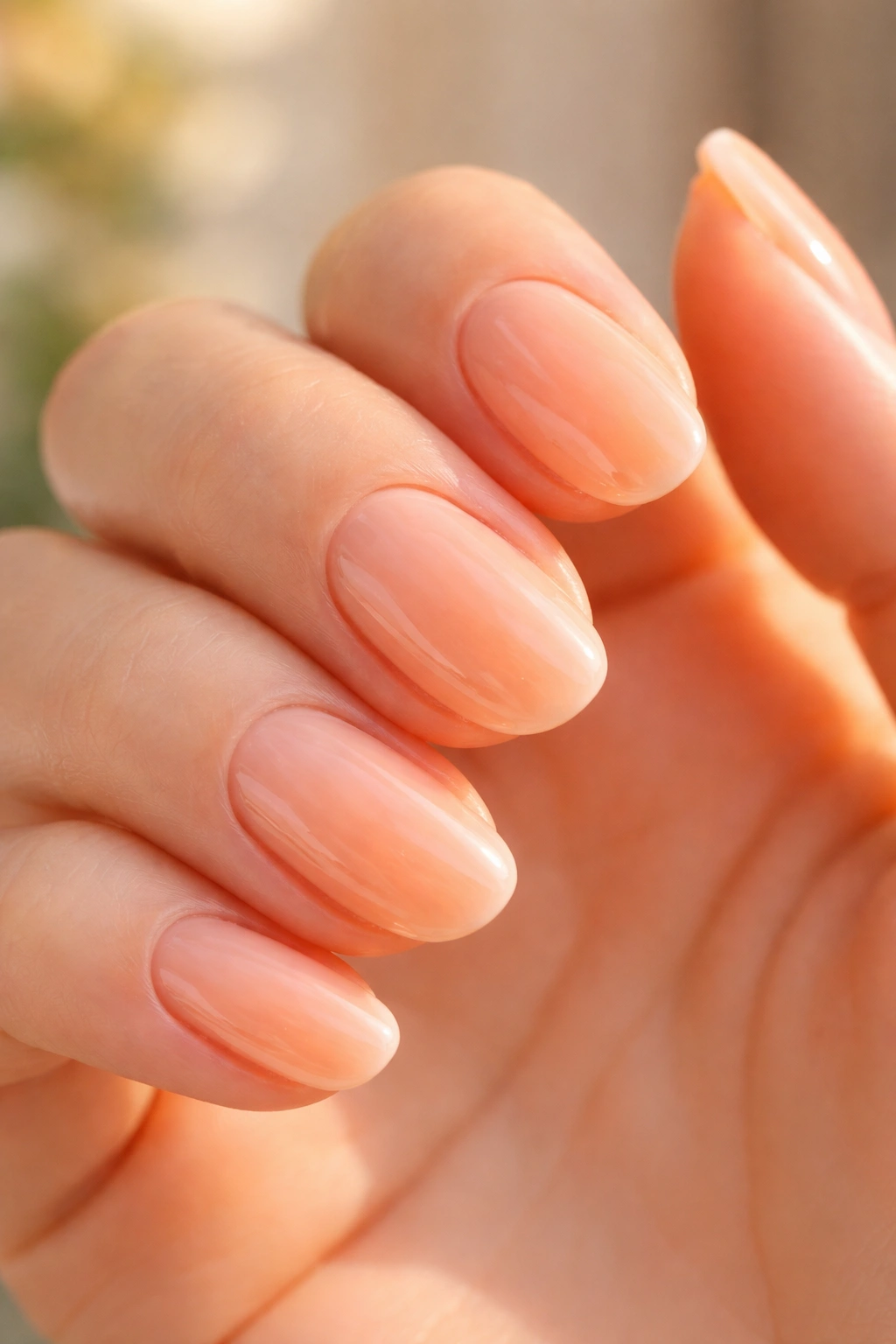 Close-up of sheer apricot nails with translucent peach-pink polish